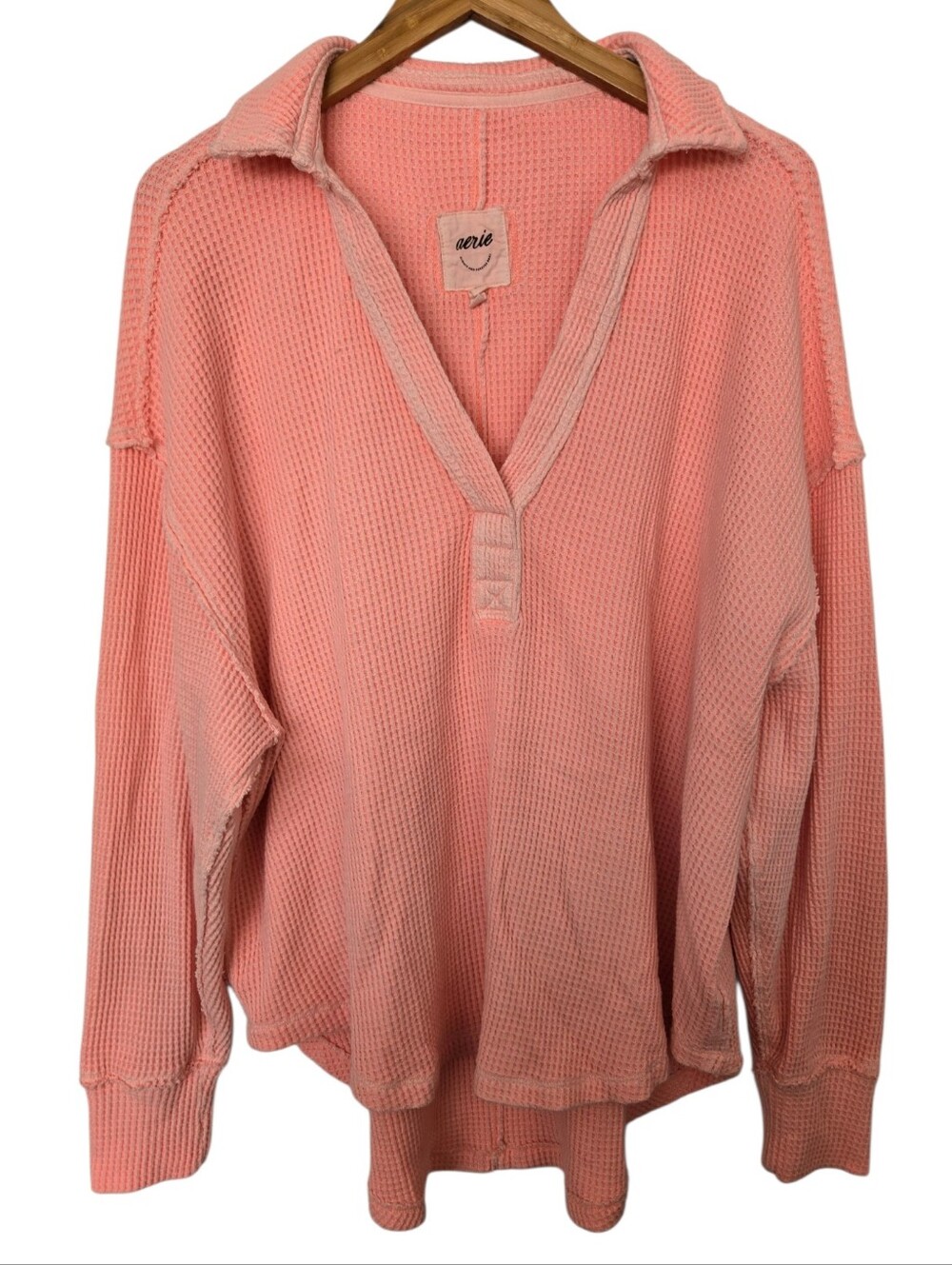 Aerie Oversized Waffle Knit Henley Pullover Coral Pink Large